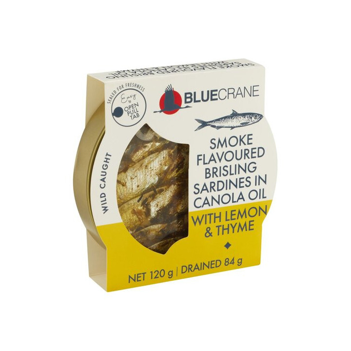 Blue Crane Smoke Flavoured Brisling Sardines in Canola Oil w/ Lemon and Thyme