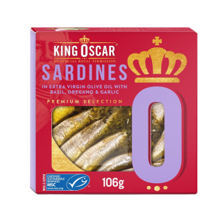 King Oscar Sardines in EVOO w/ Basil, Oregano and Garlic