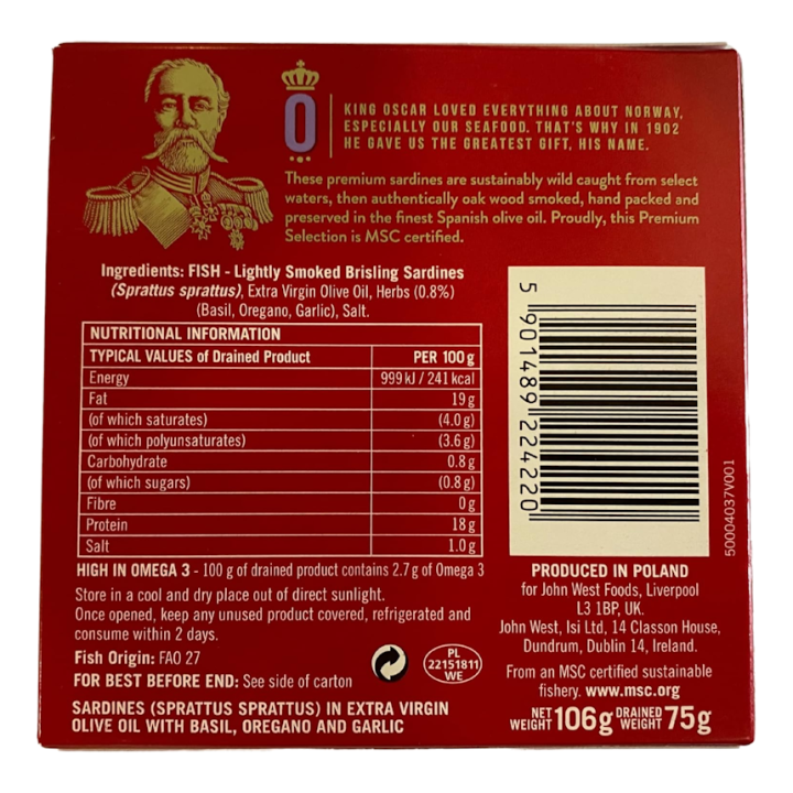 King Oscar Sardines in EVOO w/ Basil, Oregano and Garlic