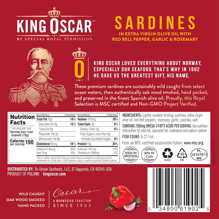 King Oscar Sardines in EVOO w/ Red Bell Pepper, Garlic, Rosemary and Chilli