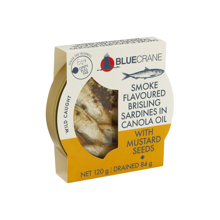 Blue Crane Smoke Flavoured Brisling Sardines in Canola Oil w/ Mustard Seeds